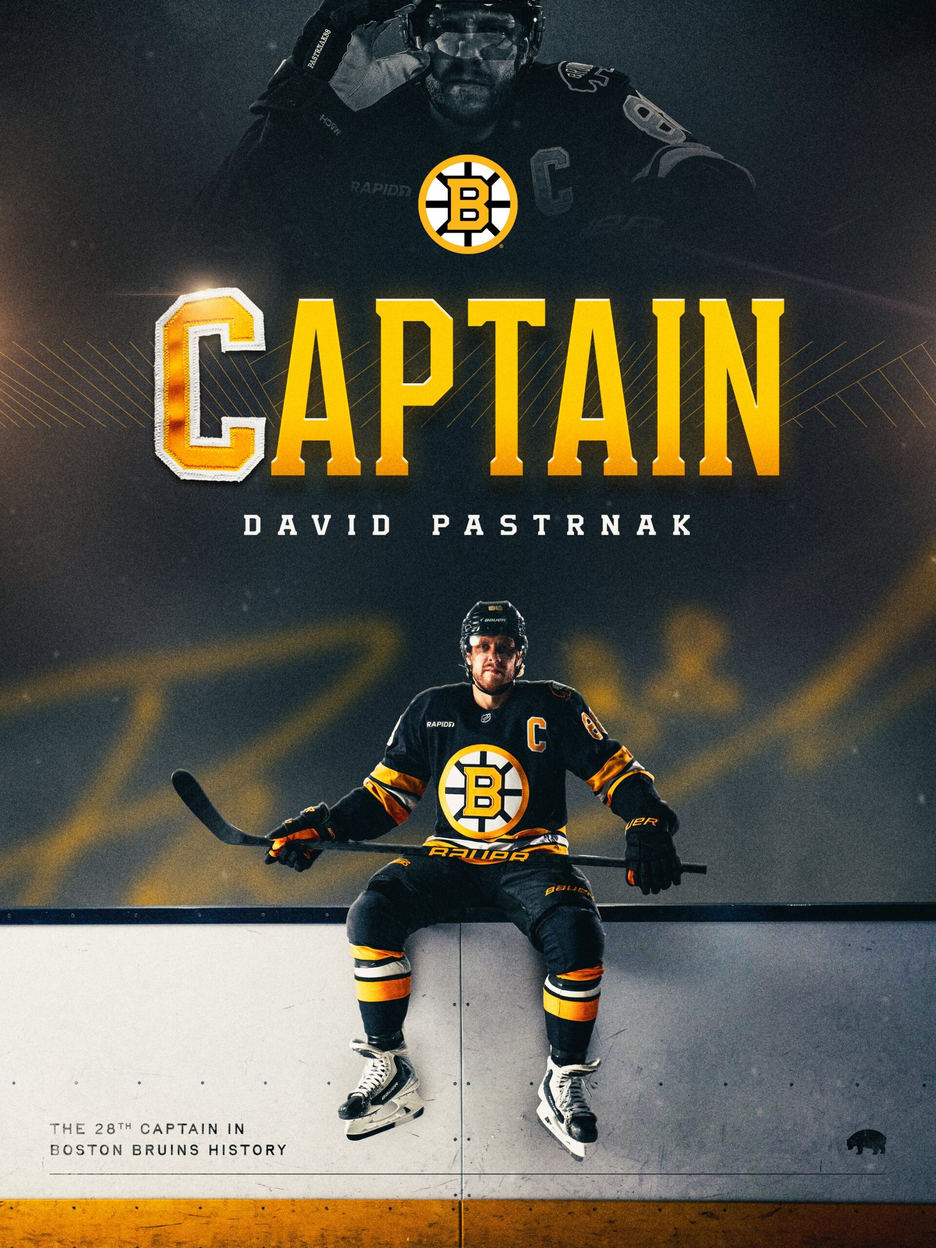 Boston Bruins announcement graphic naming David Pastrnak the 28th captain in franchise history