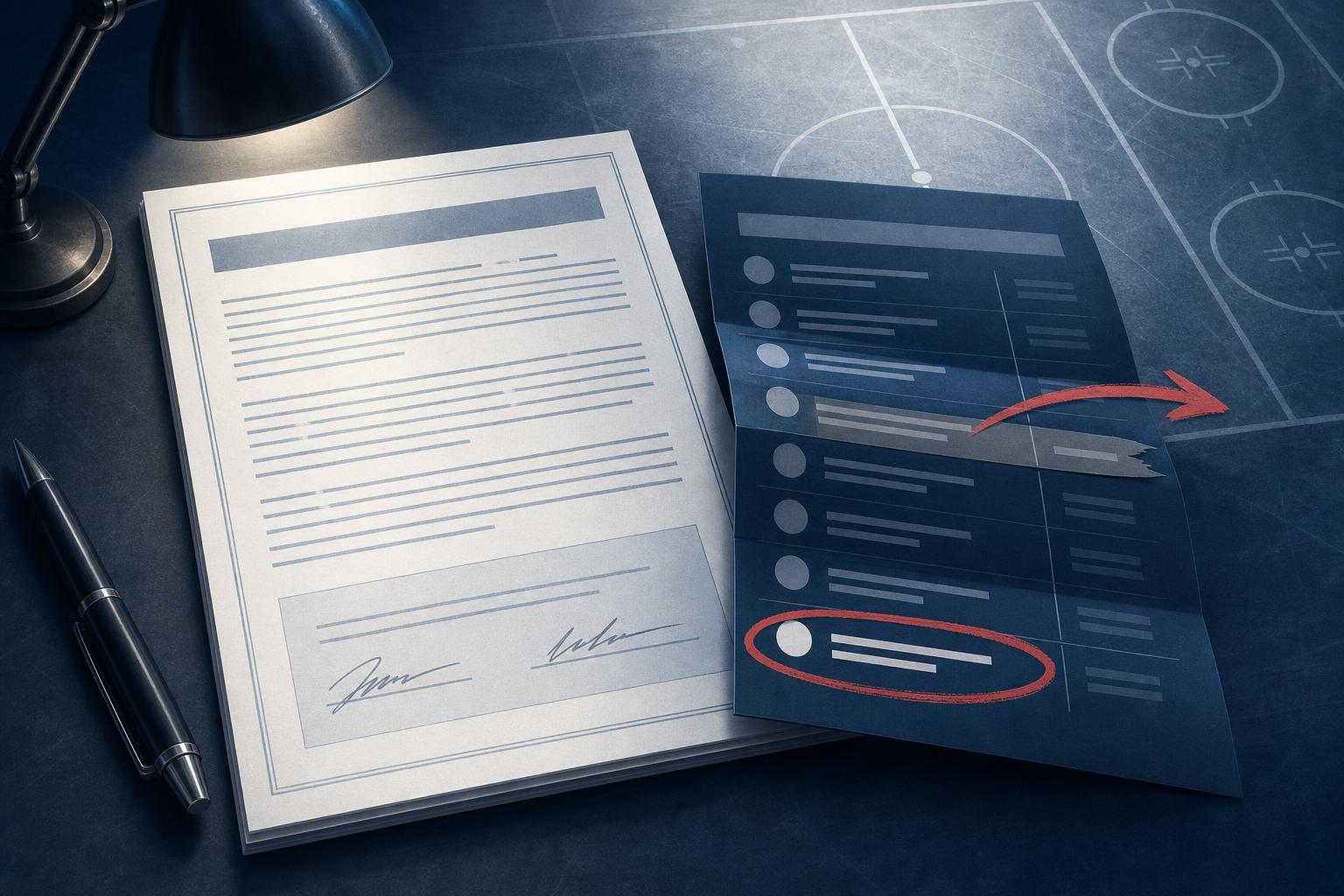 A hockey contract page beside a transaction sheet with one line removed in red and a new line marked, in slate blue and ice white