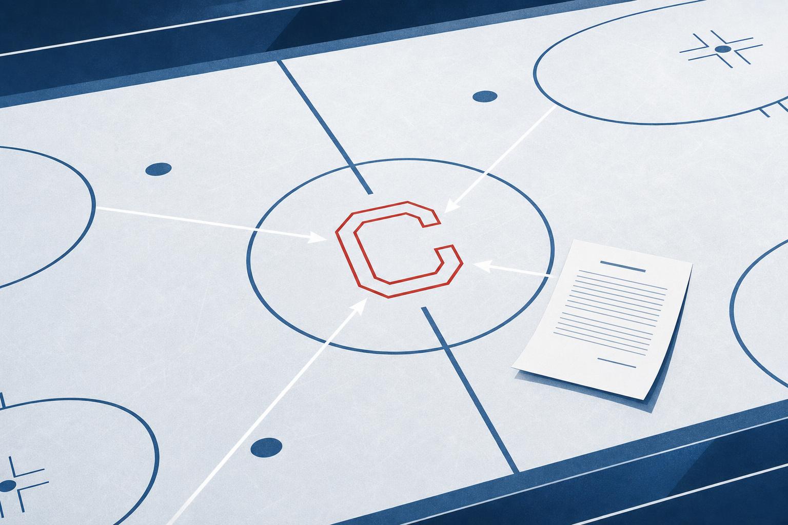 Abstract editorial illustration of rink lines with arrows converging toward a stylized red captain's letter beside a contract page