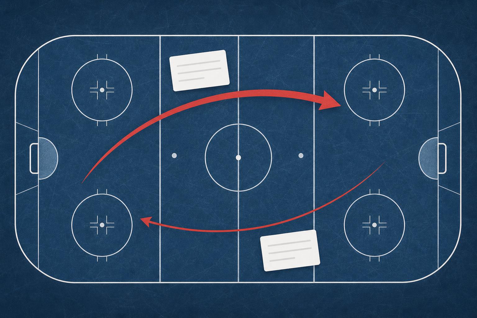 Abstract overhead illustration of a hockey rink with a red arrow sweeping between two trade cards, symbolizing a player trade between two clubs.