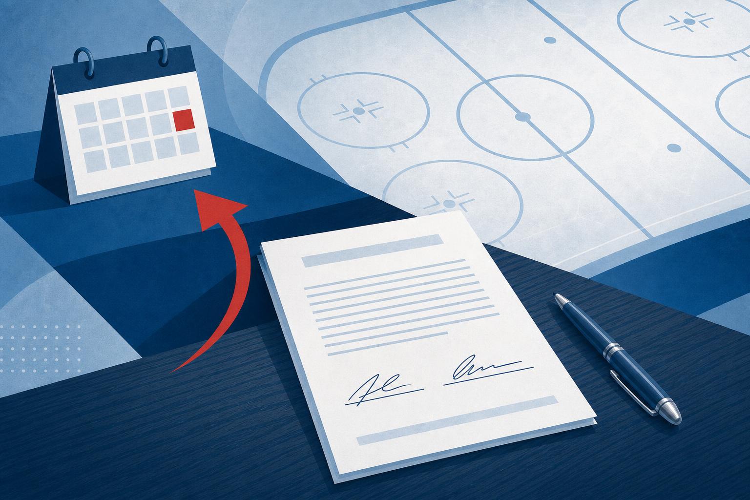 Abstract editorial illustration of a hockey contract page on a desk with rink geometry in slate blue and ice white