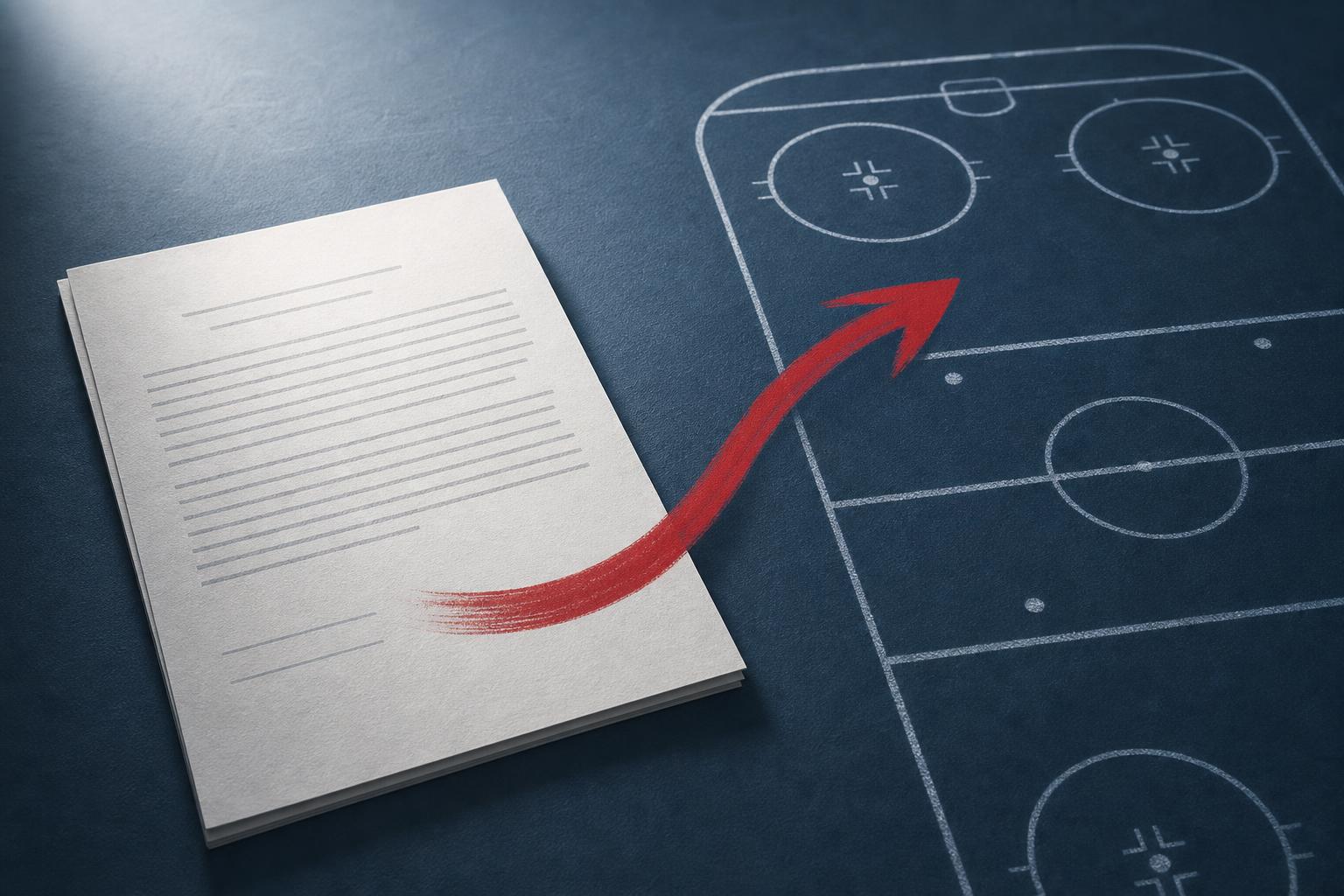 Illustration of a hockey contract page with a signing-bonus payment arrow, in the site's slate blue and ice white style