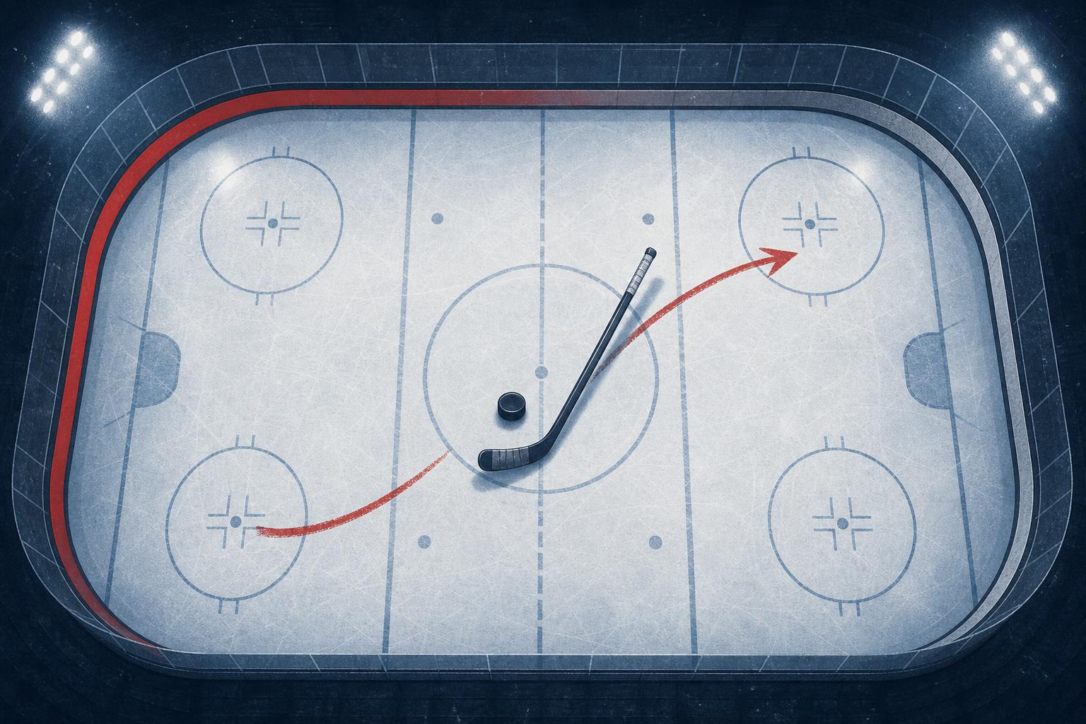 Abstract overhead illustration of an ice rink in deep slate blue and ice white with a red accent arrow, evoking a player moving between teams