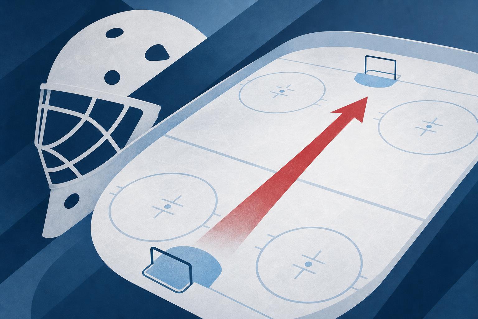 Abstract illustration of a hockey rink with a red arrow crossing the ice toward a goal crease