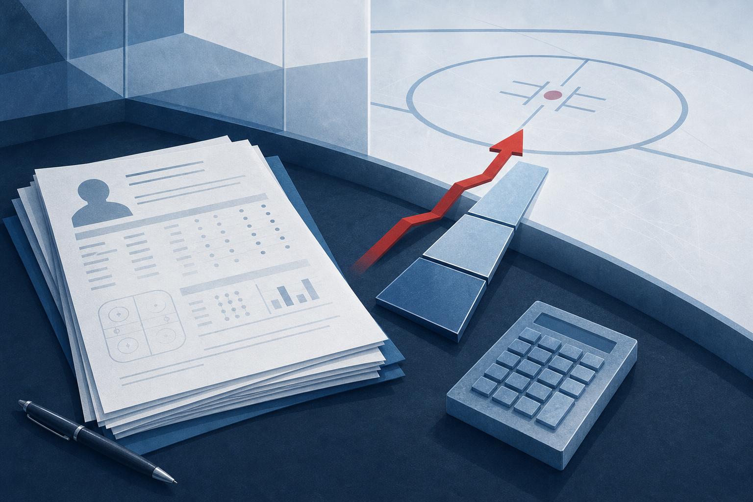 Editorial illustration of a contract extension: paperwork, a timeline of four segments and a red arrow over abstract rink geometry in slate blue and ice white