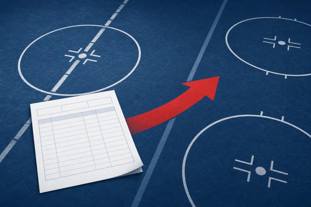 Abstract ice rink with a transaction sheet and a red arrow illustrating an NHL roster move