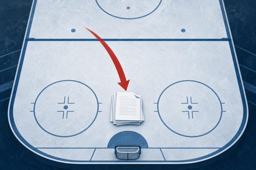 Abstract editorial illustration of an ice rink zone with a red arrow sweeping toward contract pages on the ice