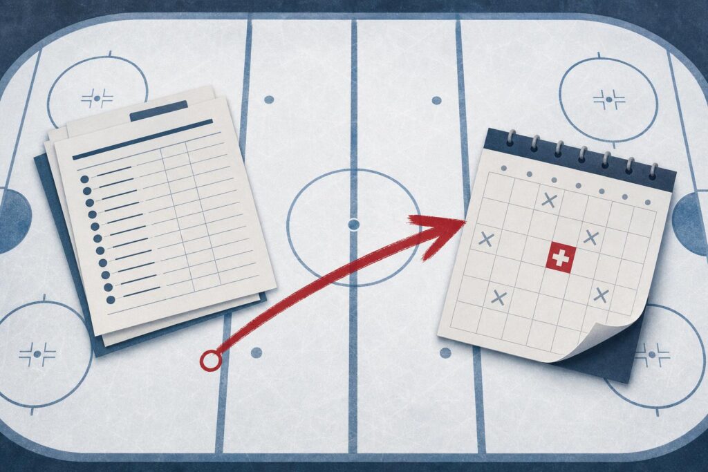 Abstract illustration of a hockey rink in slate blue and white with a red arrow and a roster sheet