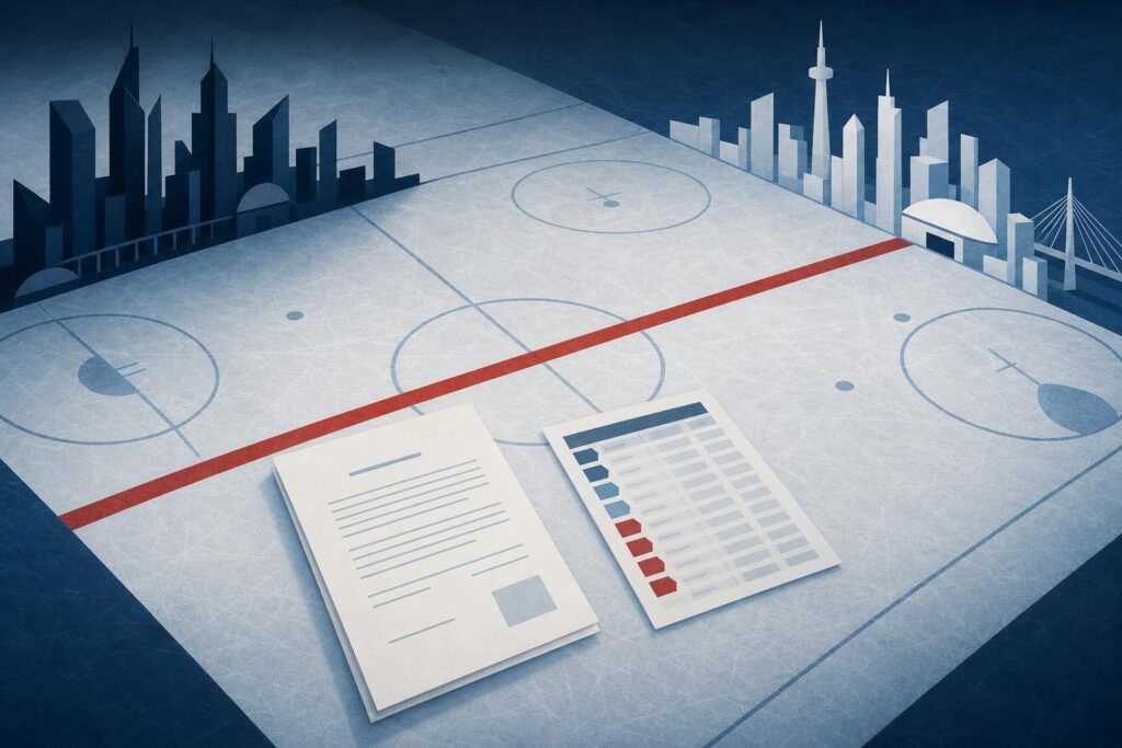 Abstract illustration of a hockey rink with a contract page and a transaction sheet on the ice, one red accent line connecting two city skylines.