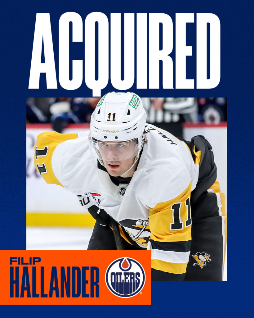 Edmonton Oilers official trade announcement graphic for the Filip Hallander acquisition