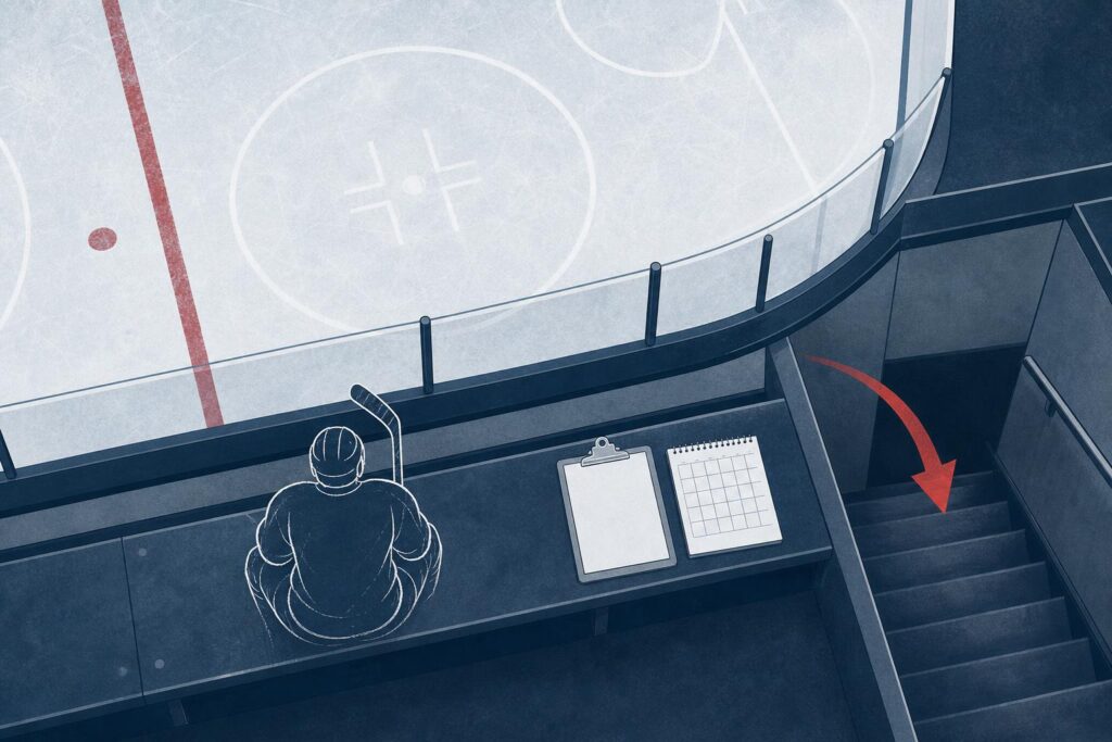 Abstract rink illustration of a sidelined player, in slate blue, ice white and red
